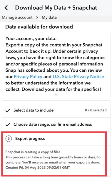 Data Export Message in Snapchat