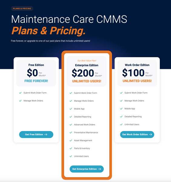 Maintenance Care CMMS Plans and Pricing