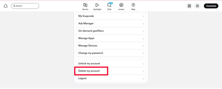 Delete My Account Option in Snapchat Desktop