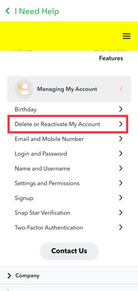 On Android Delete or reactivate Snapchat Account