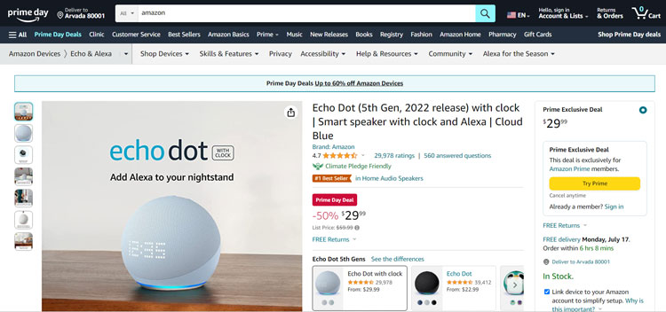 echoDot Product Page on Amazon