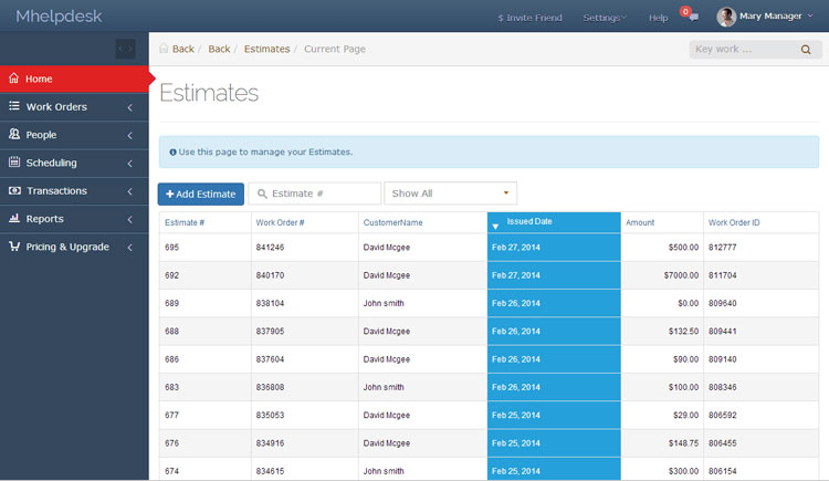 mHelpDesk Estimates Management