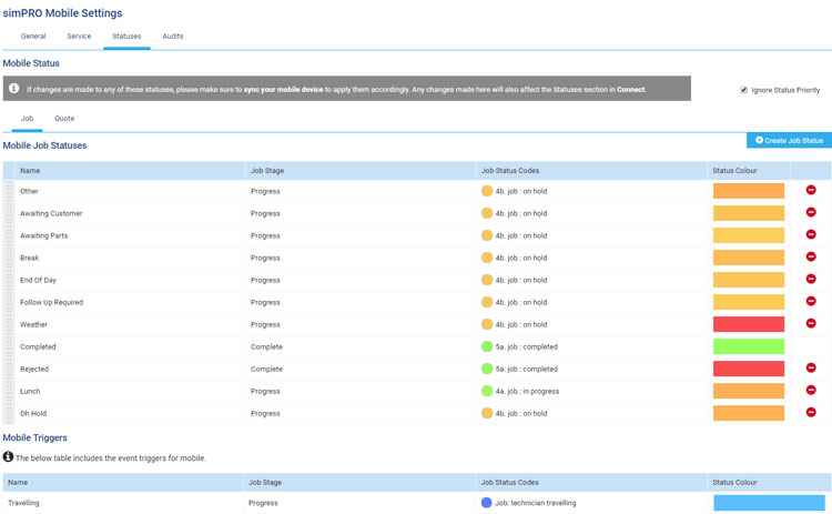 simPRO Mobile Settings and Statuses