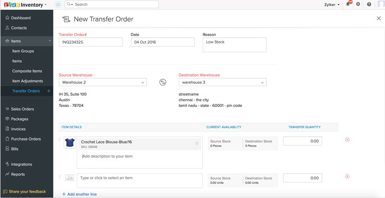 Transfer Order Management in Zoho Inventory