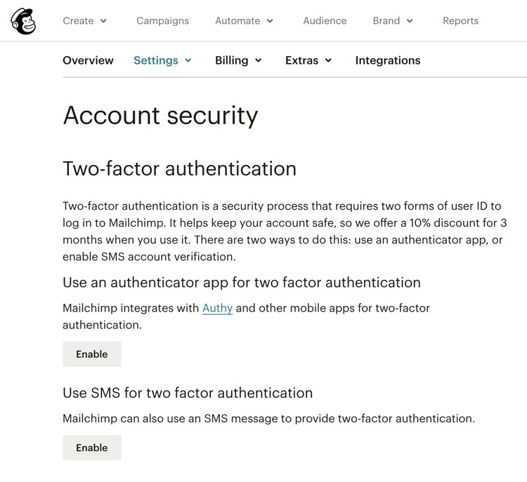 MailChimp Account Security Settings