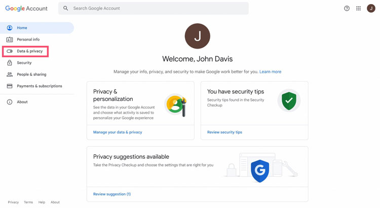 Google Account Data and Privacy Section on Desktop