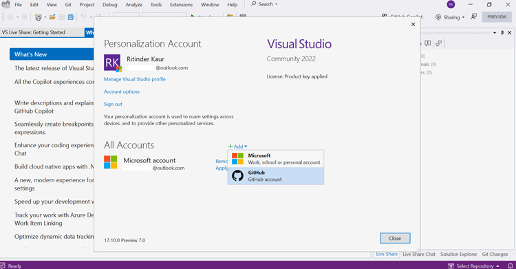 Add GitHub Account to Visual Studio