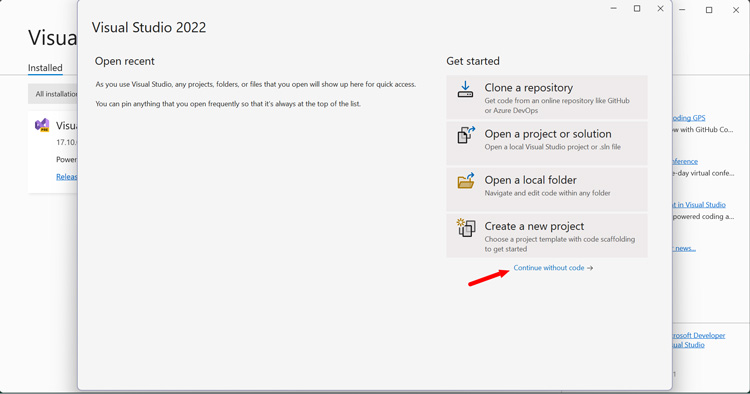Getting Started with Visual Studio Continue Without Code Option