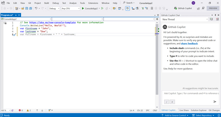 GitHub Copilot In Action in Visual Studio