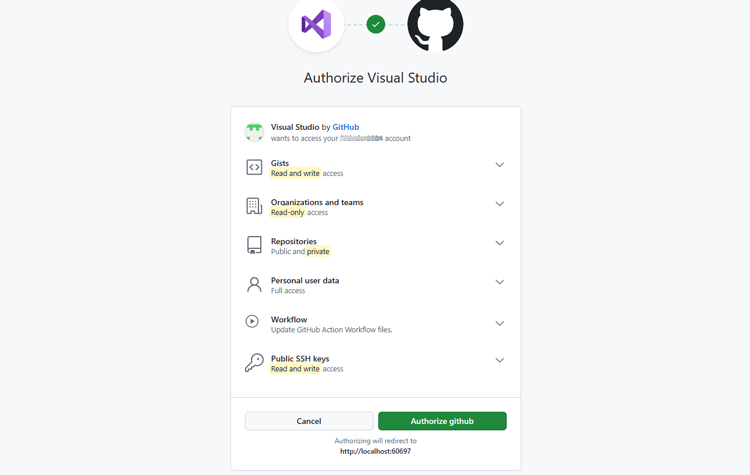 Visual Studio Authorizations to GitHub