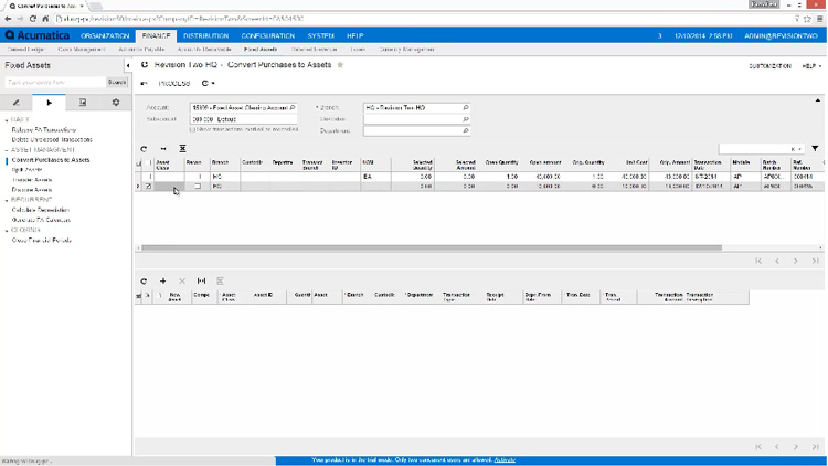 Acumatica interface managing fixed assets and purchase conversion details