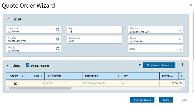 Epicor Kinetic Quote Order Wizard for creating and managing sales orders