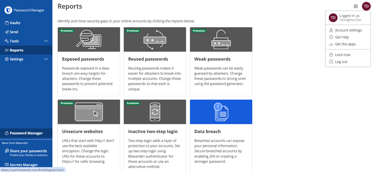 Analytical reports related to your account password in Bitwarden