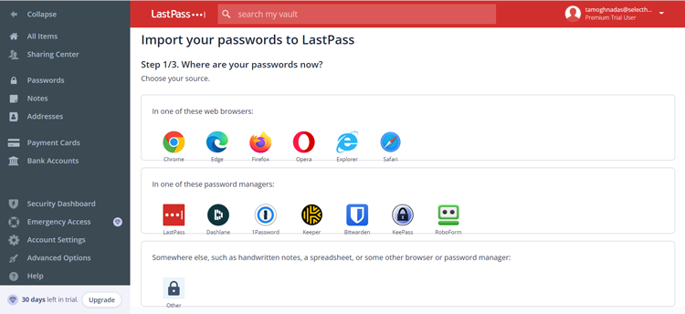 LastPass import passwords screen with various web browsers and managers