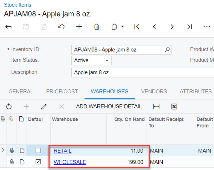 Acumatica Warehouse Stock Items screen showing inventory details for Apple jam across warehouses
