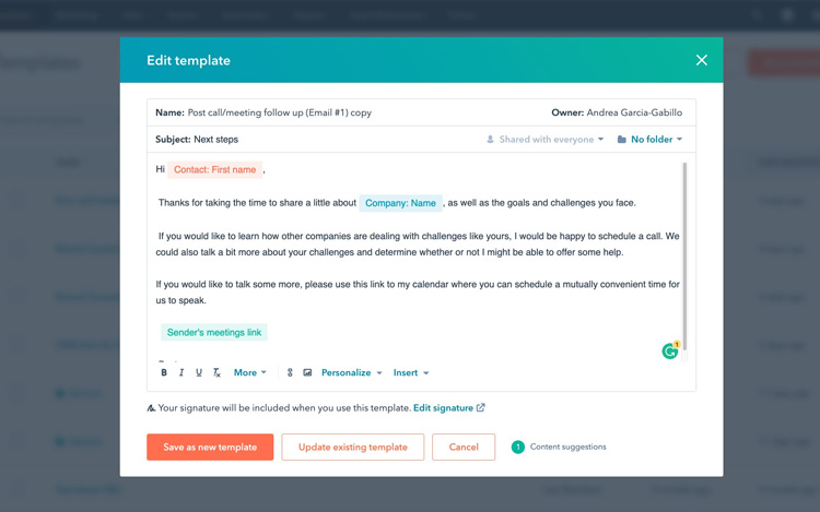 Editing email template in HubSpot