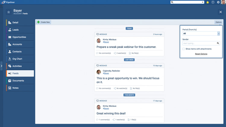 Pipeliner CRM showing activity feeds and updates