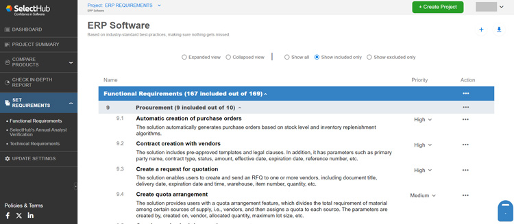 SelectHub Free ERP Requirements Template Preview