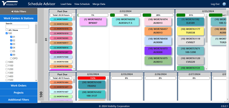 Visibility ERP Schedule Advisor interface showing work orders and project timelines by date