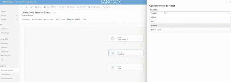 Demand Planning Dynamic 365 forecasting tool with options to configure a forecast model using ARIMA, ETS, Prophet, or Best Fit Model