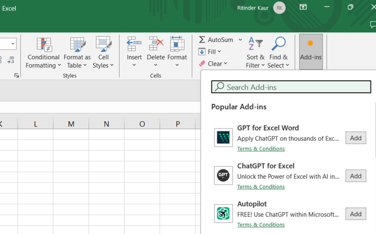 Excel interface showing a search for add-ins, with popular options like GPT for Excel Word, ChatGPT for Excel, and Autopilot listed.