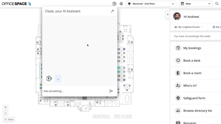 OfficeSpace interface featuring AI assistant, booking options, and floor map