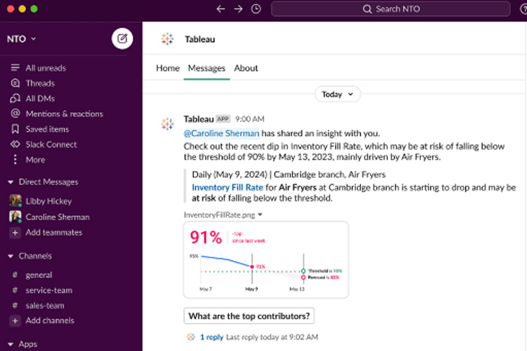 Slack message from Tableau showing a drop in Inventory Fill Rate for Air Fryers at the Cambridge branch, with a warning of potential risk below 90% threshold