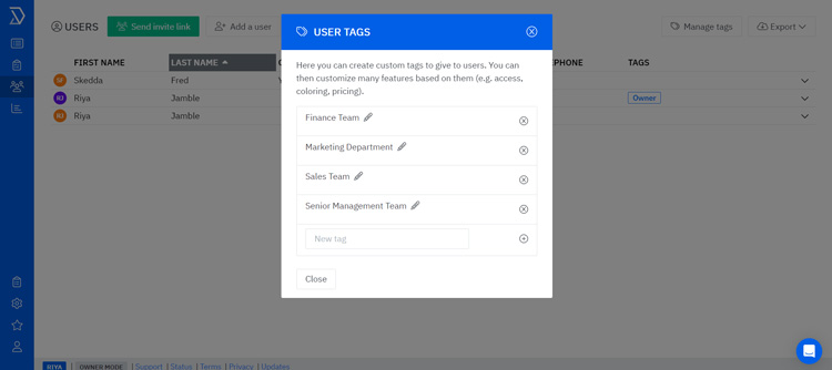 Skedda user tags interface showing custom tag creation and team-based assignments