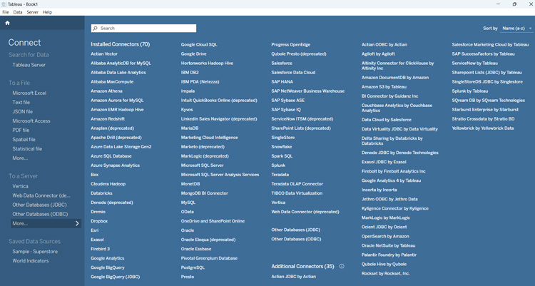 Tableau connection interface displaying a list of installed connectors for various data sources, including databases, cloud services, and file types, alongside additional connectors.