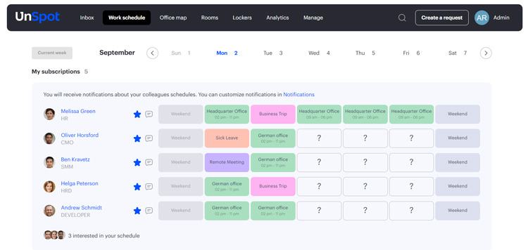 UnSpot work schedule interface showing colleagues' availability and office locations